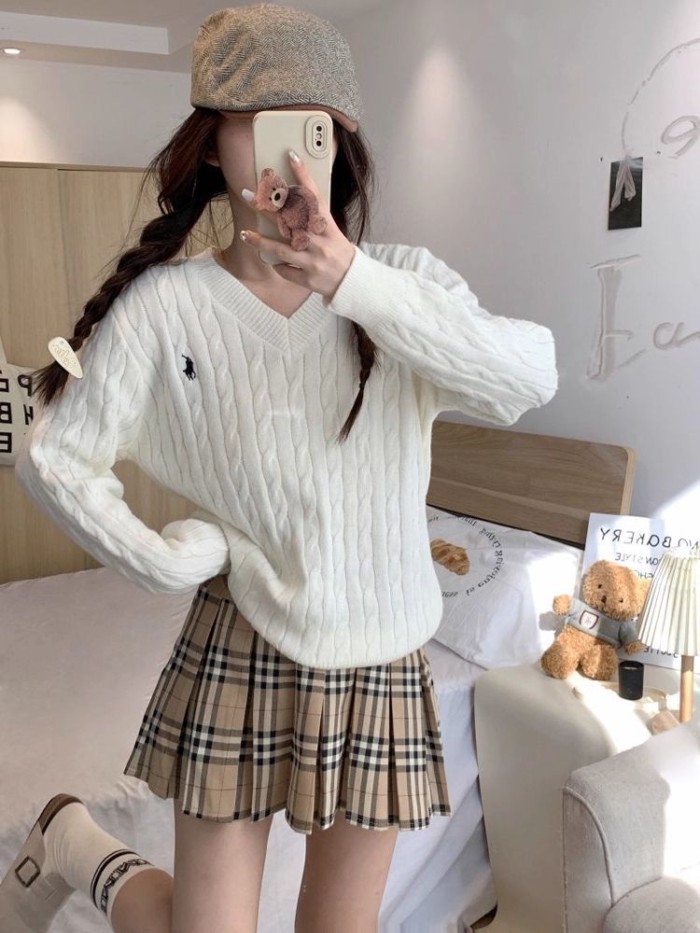 Áo len dệt kim xoắn xoắn hàng đầu mùa thu giảm béo áo len chui đầu mỏng áo len dài tay cổ chữ V