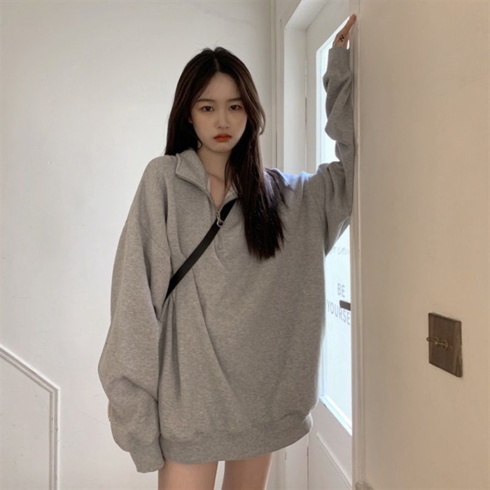 Áo thun cổ polo có khóa kéo nửa kín phong cách Hàn Quốc áo thun thường ngày màu xám đơn giản
