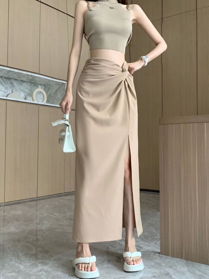 Váy xẻ tà màu đen dành cho nữ mùa hè thiết kế mỏng xếp ly lưng cao váy thẳng dài ngang hông