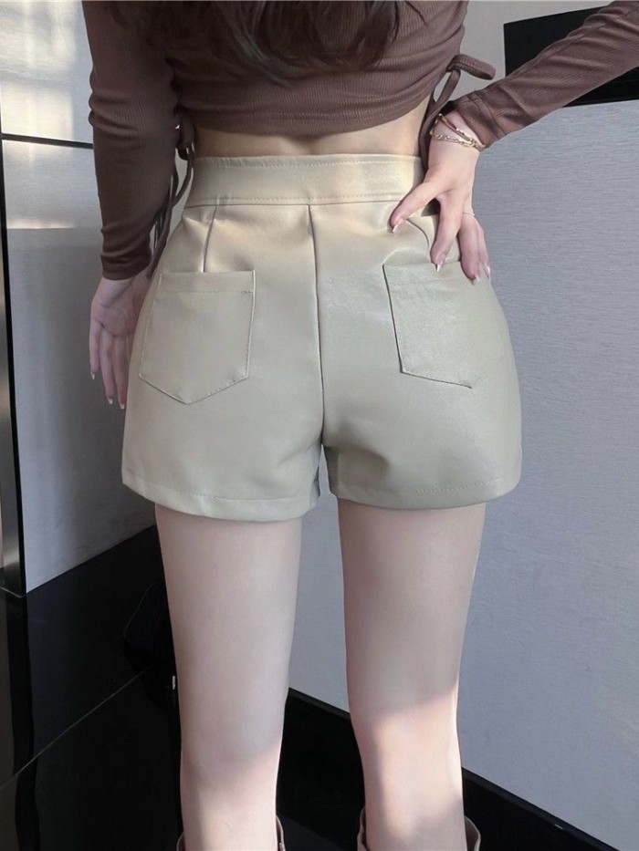 quần short da cho nữ, phong cách mới thu đông, đa năng, dáng rộng, ống rộng, giảm béo, lưng cao,