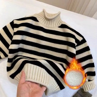 Áo len sọc cao cổ trẻ em cho bé trai, áo len đáy thu đông phong cách Hàn Quốc mới cho bé gái,