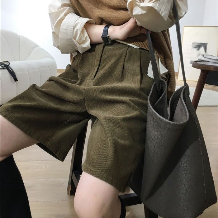 Quần bốt nhung kẻ cổ điển lưng cao mới dành cho nữ, quần short ống rộng chữ A dáng rộng thông