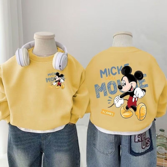 Quần áo nhung mùa đông cho bé trai và bé gái, áo nỉ cổ tròn Mickey hoạt hình cho bé, áo nỉ dày mùa