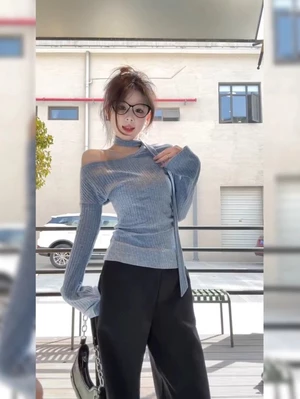 Áo thun dài tay trễ vai màu xanh xám phong cách Hàn Quốc đầu mùa thu dopamine áo sơ mi cao cấp đáy