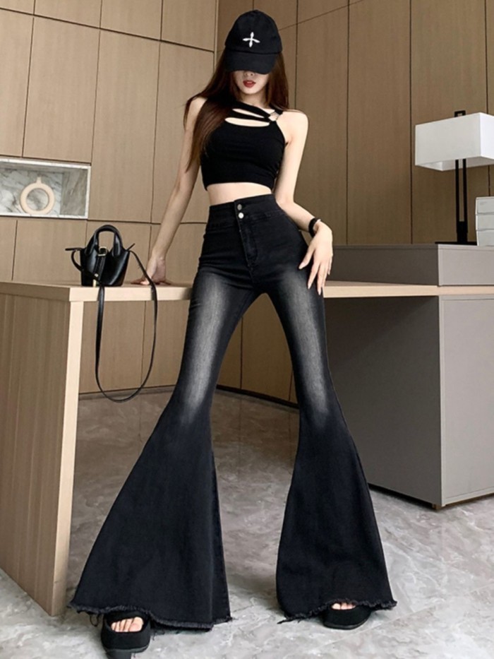 Quần jean đuôi cá ống loe thô viền thô dành cho những cô nàng nóng bỏng nhỏ nhắn, quần cạp cao, bó