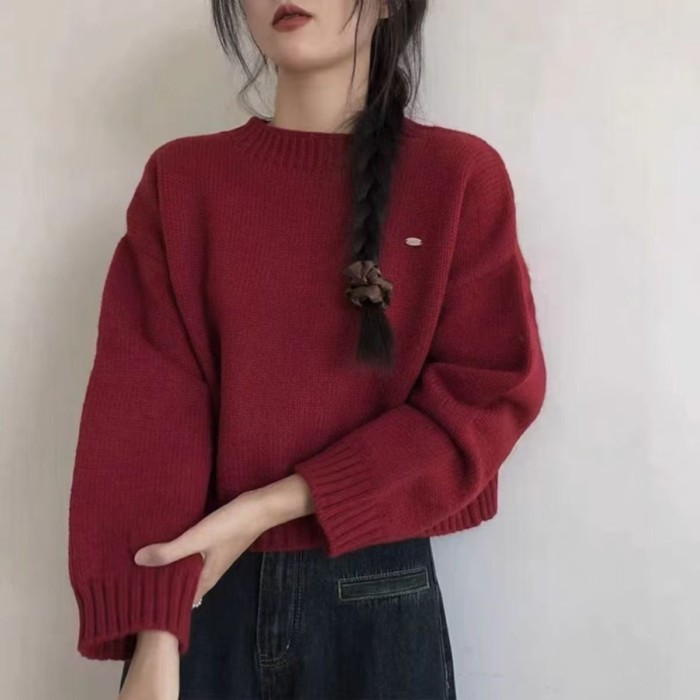 Short Sweater Knitted Autumn And Winter New Loose Outer Wear Lazy Style Knitted Sweater Round Ne