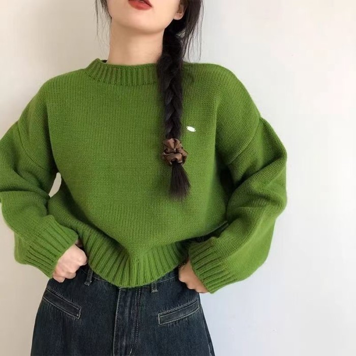 Short Sweater Knitted Autumn And Winter New Loose Outer Wear Lazy Style Knitted Sweater Round Ne