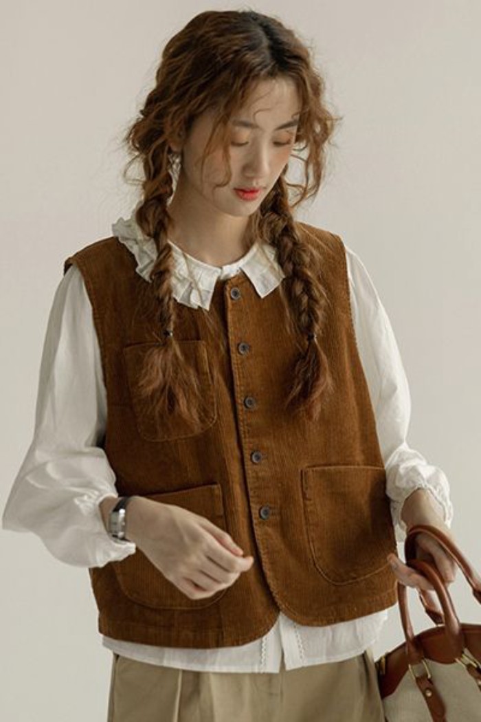 Áo vest nhung kẻ kiểu Pháp dành cho nữ mùa xuân thu không tay áo vest khoác ngoài áo khoác ngoài củ