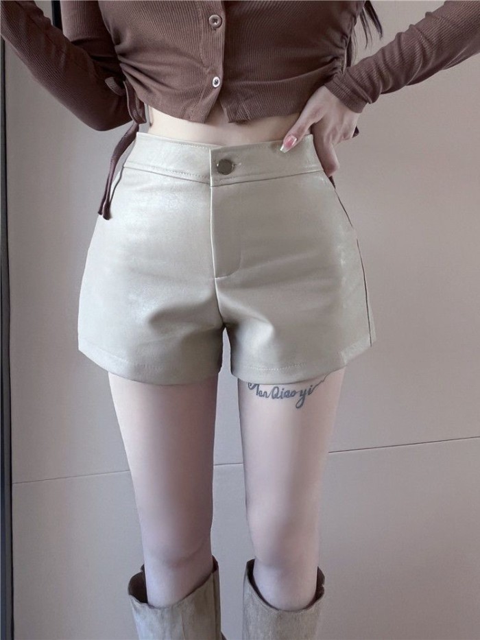 quần short da cho nữ, phong cách mới thu đông, đa năng, dáng rộng, ống rộng, giảm béo, lưng cao,