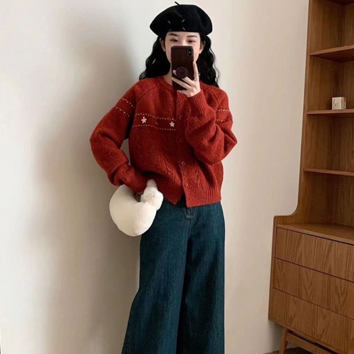 Áo khoác cardigan dệt kim mùa xuân và mùa thu Pháp nhỏ Giáng sinh hàng đầu Áo khoác Jacquard Áo len