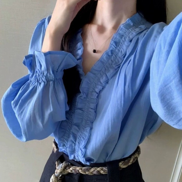 Áo sơ mi dài tay viền nấm màu xanh tiểu tư sản Pháp dành cho nữ mùa thu, áo tay chuông dáng rộng, d