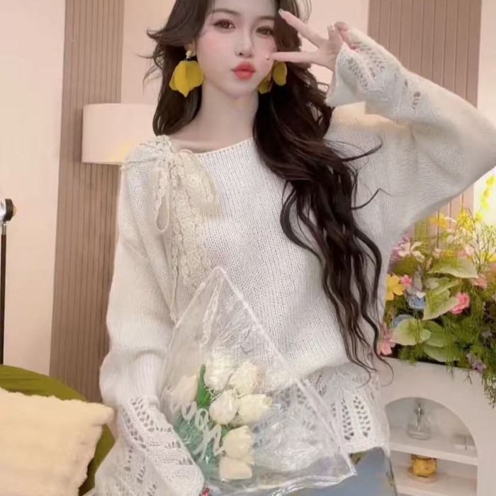 Áo len chui đầu thắt nơ rỗng dành cho nữ mùa xuân thu áo len dệt kim dáng rộng ngọt ngào