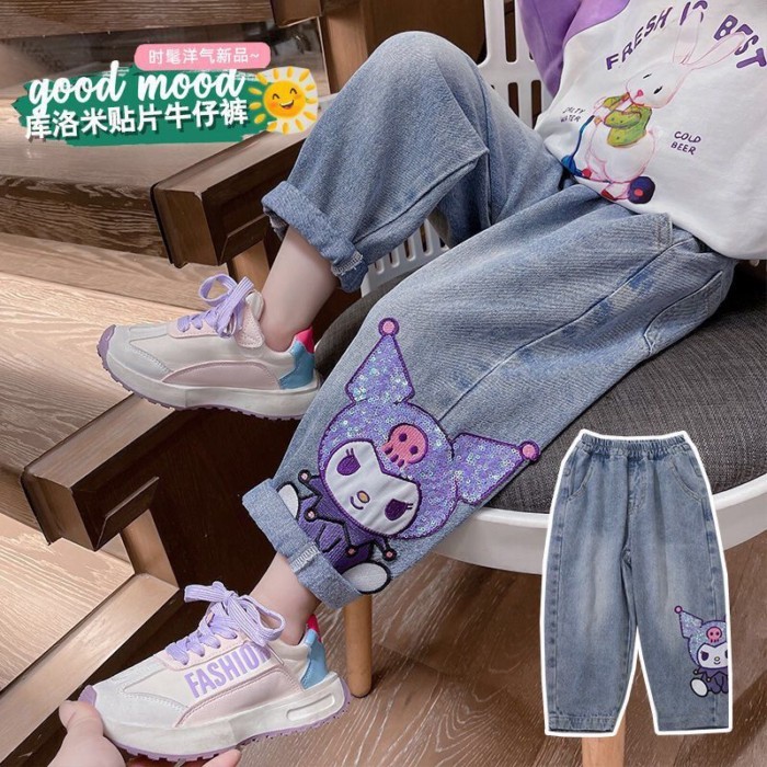 Bé Gái Hoạt Hình Đính Hạt Cườm Kuromi Quần Dễ Thương Bố Bé Quần Xuân Thu Mới Quần Jean Trẻ Em