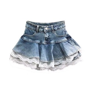 Váy denim xù lông khâu mùa hè mới Váy mini chữ A cạp cao