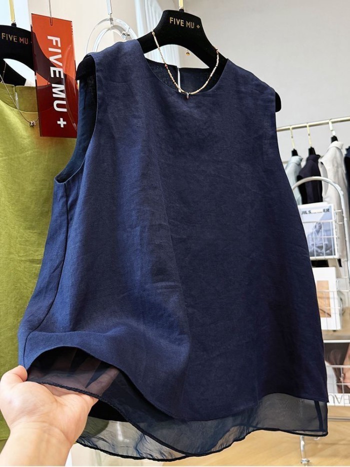 Áo vest không tay lưới nối cỡ lớn cho nữ mùa hè mỏng dáng rộng giả hai lớp áo không tay hai l