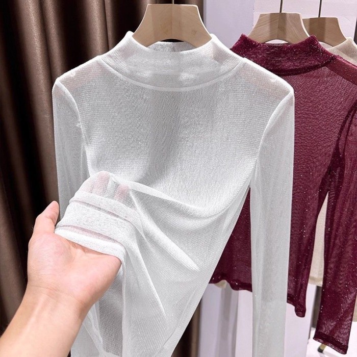 Áo sơ mi lưới nửa cổ cao màu trắng bạc dành cho nữ mùa thu váy treo rỗng có ren niche top