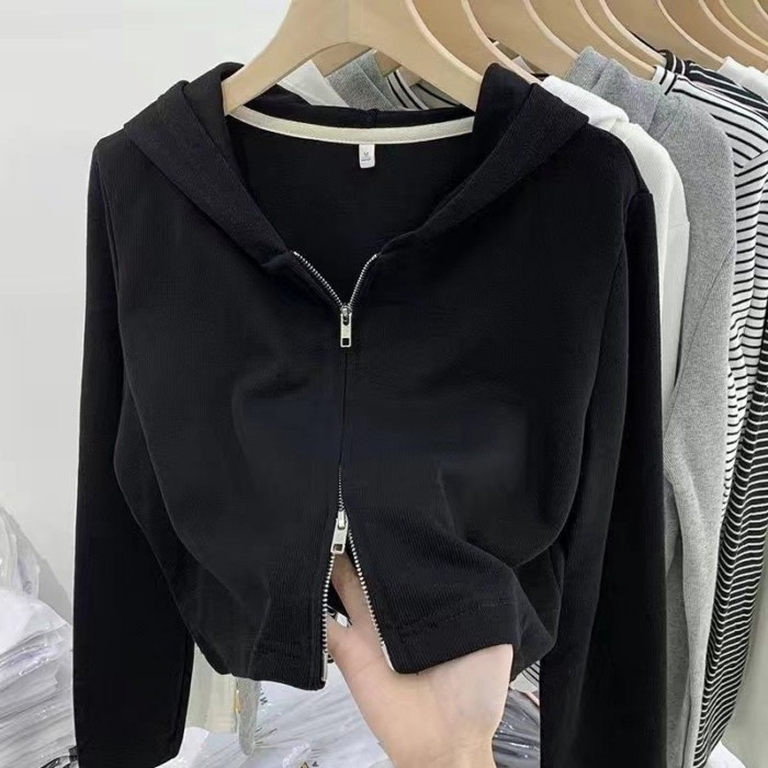 European Design Versatile Double Zipper Hooded Short Coat Autumn And Winter New Ribbed Knitted C