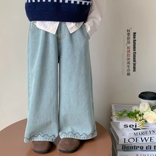 Quần jeans bé gái quần ống rộng thêu quần bé gái thường ngày