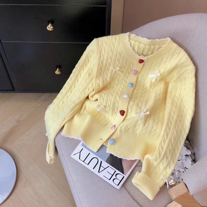 Áo khoác cardigan ngắn dệt kim thêu họa tiết xoắn ngọt ngào phong cách Hàn Quốc