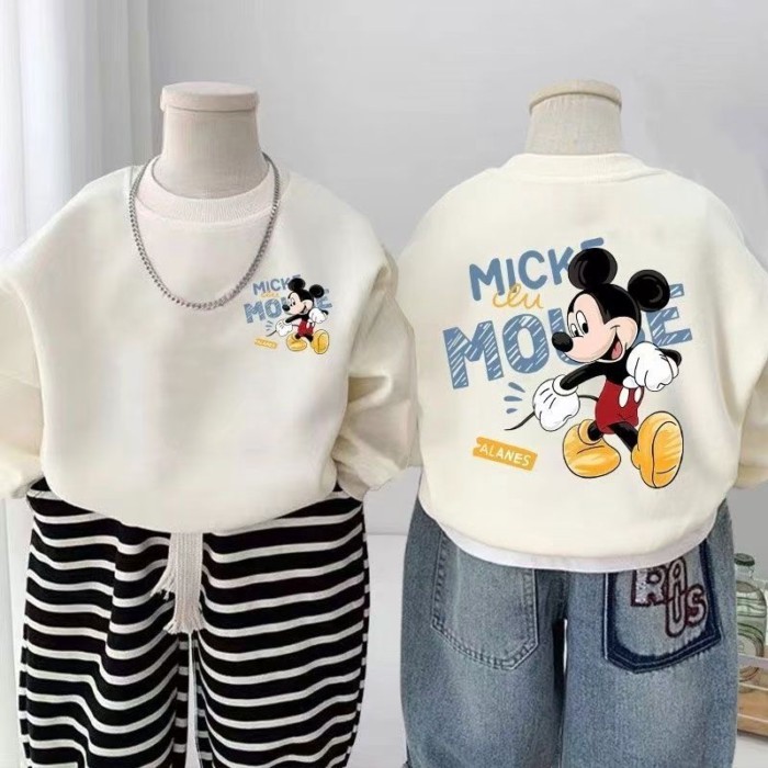 Quần áo nhung mùa đông cho bé trai và bé gái, áo nỉ cổ tròn Mickey hoạt hình cho bé, áo nỉ dày mùa