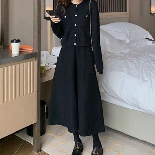 váy dài vừa thu đông váy dệt kim mới của phụ nữ váy hai túi váy len lông tơ lỏng lẻo