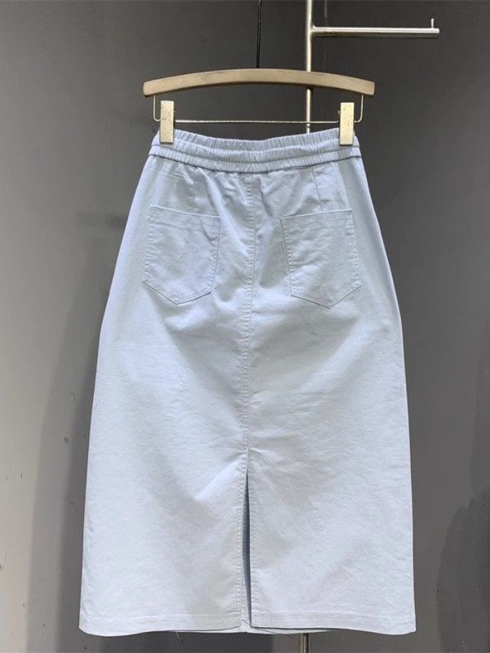 Phong cách đơn giản Chân váy denim đa năng mùa hè dáng ôm vừa vặn Chân váy chữ A dài vừa vặn