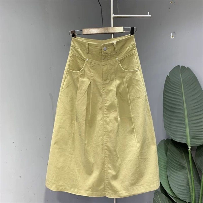 Mùa hè mới màu trắng nhạt thời trang và đa năng Váy chữ A dài vừa vặn Váy xếp ly lưng cao dàn