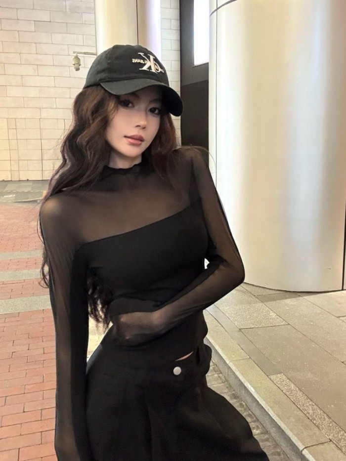 Lưới nối áo thun dài tay cổ cao gợi cảm dáng ôm hot girl khí chất trên đáy áo sơ mi hợp thời trang