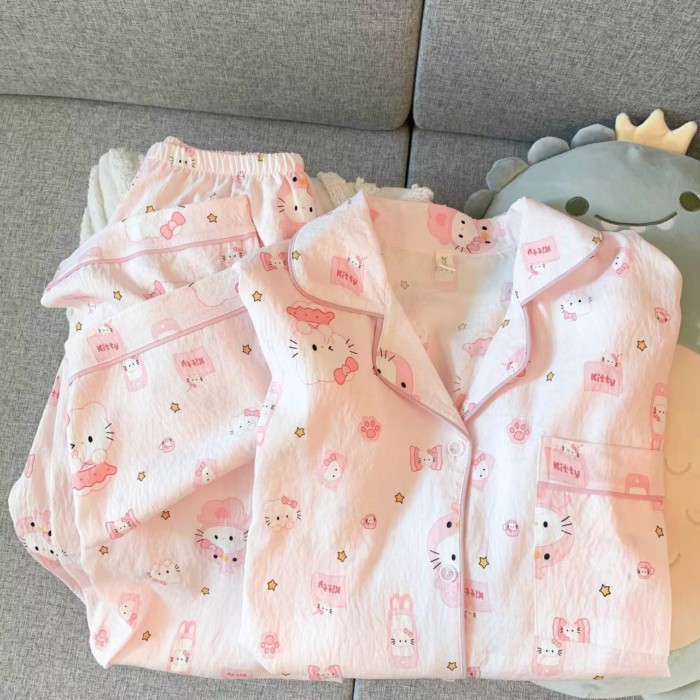 Bộ đồ ngủ mèo KT dành cho trẻ em quần dài tay cotton hình đám mây cho trẻ em vừa và lớn hoạt