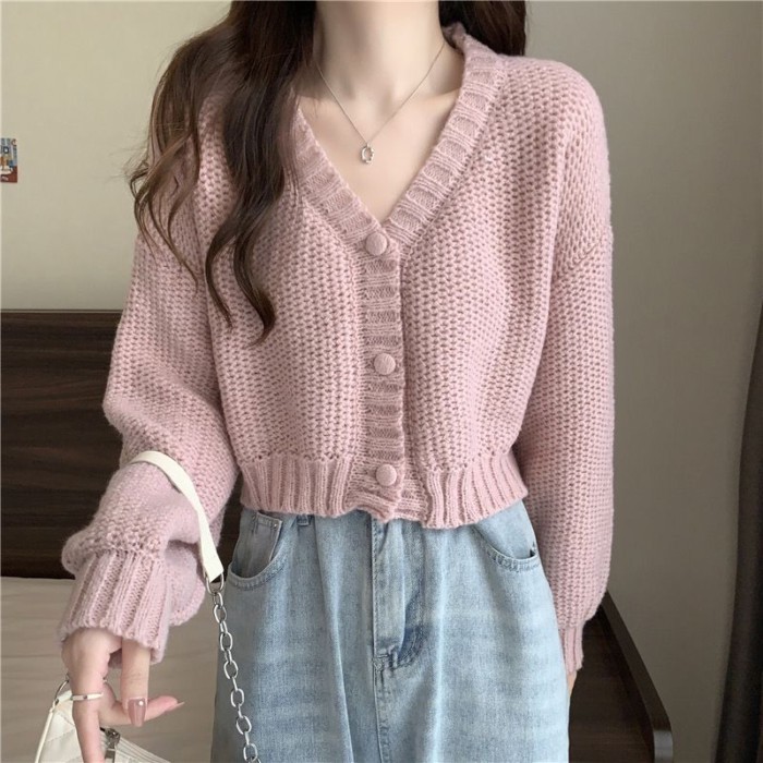 Áo khoác len cardigan dáng ngắn dáng rộng phong cách Hàn Quốc dành cho nữ có vóc dáng nhỏ nhắn kèm