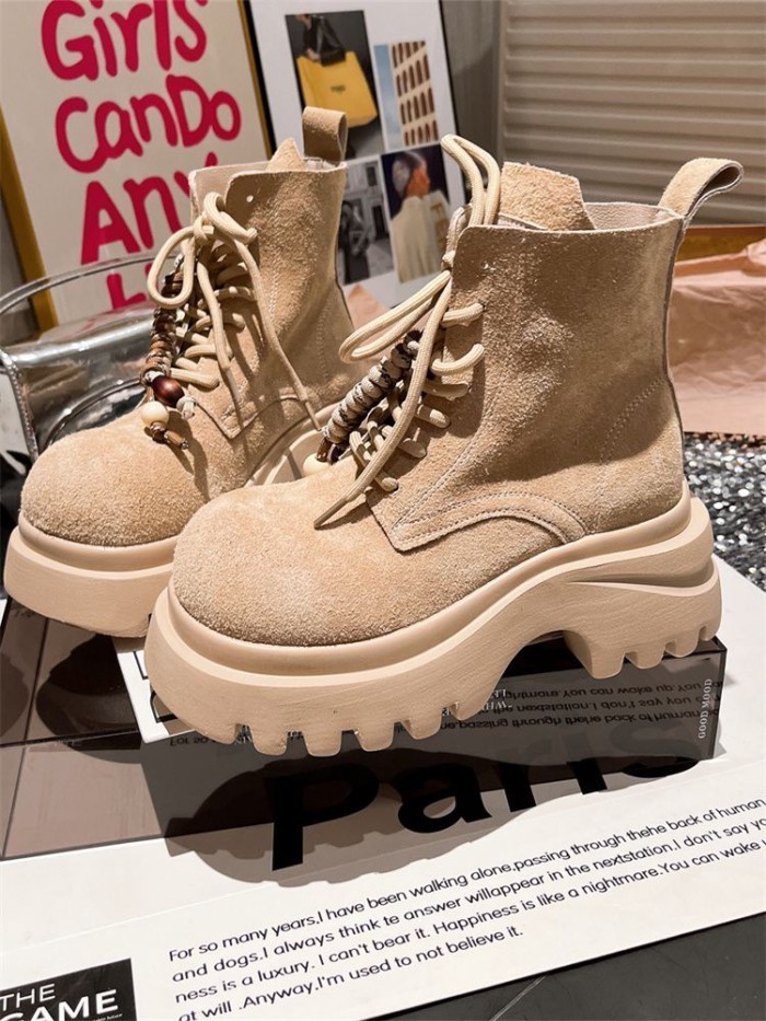 Giày bốt Martin nubuck da mềm phối ren tua rua ngón chân cái Giày bốt đi xe máy bốt ngắn giày nữ