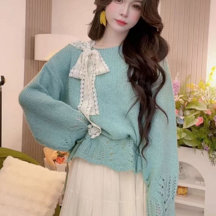 Áo len chui đầu thắt nơ rỗng dành cho nữ mùa xuân thu áo len dệt kim dáng rộng ngọt ngào