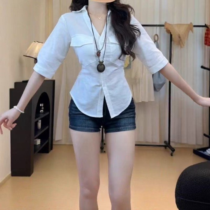 lớn thiết kế cổ chữ V giữa tay áo dành cho nữ mùa hè mới béo dây đeo eo giảm béo