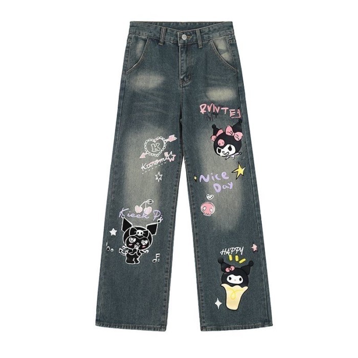 Quần jeans in họa tiết hoạt hình cho nữ, lưng cao, thon gọn, ôm sát, quần ống rộng, ống suông, quần
