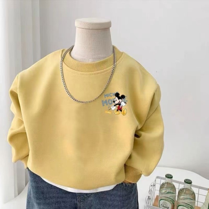 Quần áo nhung mùa đông cho bé trai và bé gái, áo nỉ cổ tròn Mickey hoạt hình cho bé, áo nỉ dày mùa