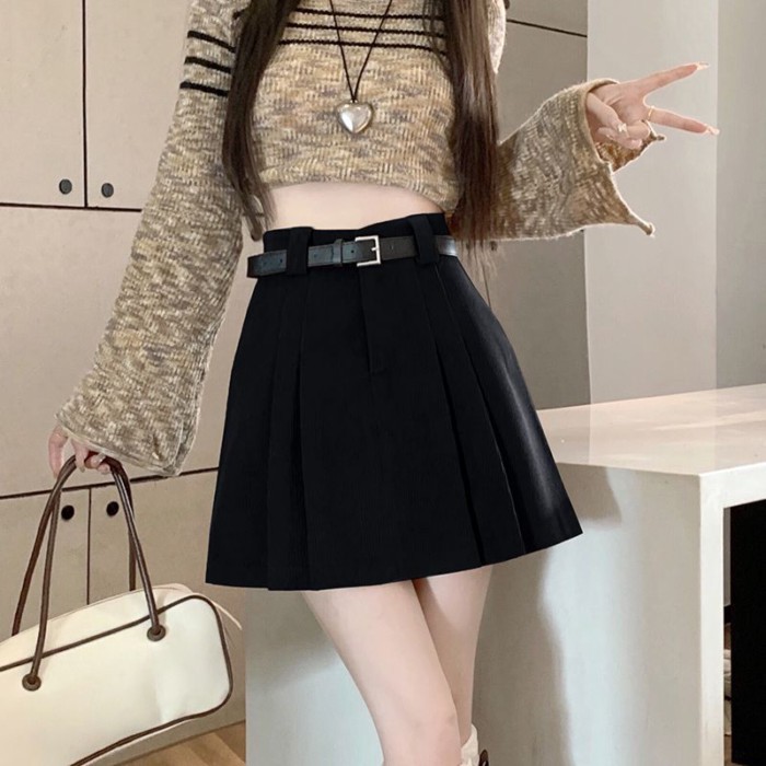 Váy nhung kẻ Váy xếp ly chữ A váy lưng cao chống lộ cho nữ