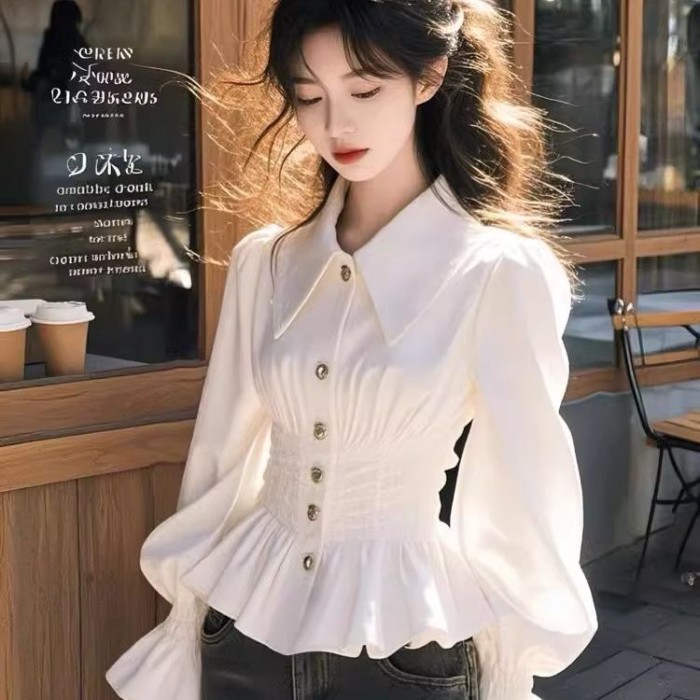 Phong cách nhẹ nhàng Áo sơ mi dài tay cao cấp màu trắng thời trang nữ xuân thu kiểu Pháp