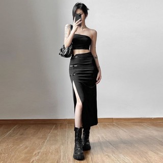 Khóa retro gợi cảm váy đen xẻ tà dành cho nữ thiết kế xếp ly giảm béo hông váy dài giữa mùa h