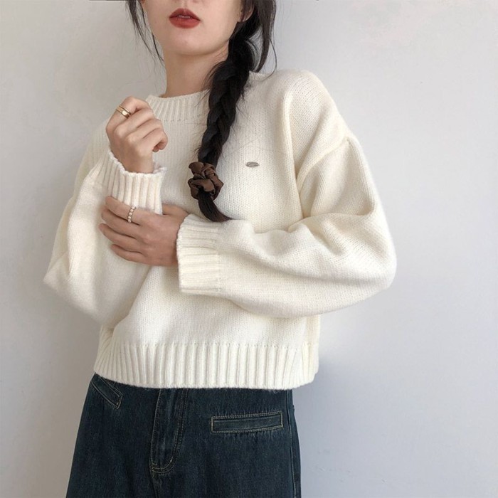 Short Sweater Knitted Autumn And Winter New Loose Outer Wear Lazy Style Knitted Sweater Round Ne