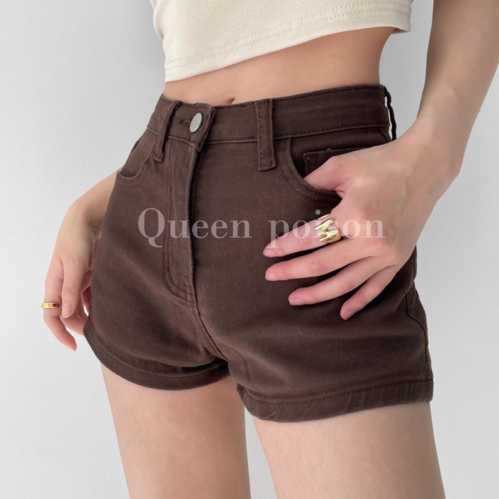 Mùa Hè Quần Short Denim Màu Nâu Cho Nữ Mỹ Cô Gái Ngọt Ngào Và Cay Cay Retro Cao Cấp Ôm Vừa Vặn Q