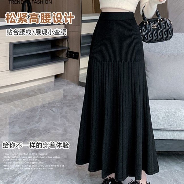 Váy Dệt Kim Xếp Ly Nữ Thu Đông Mới Co Giãn Cao Cấp Giảm Béo Rủ Chữ A Hông Đuôi Cá Dài Váy