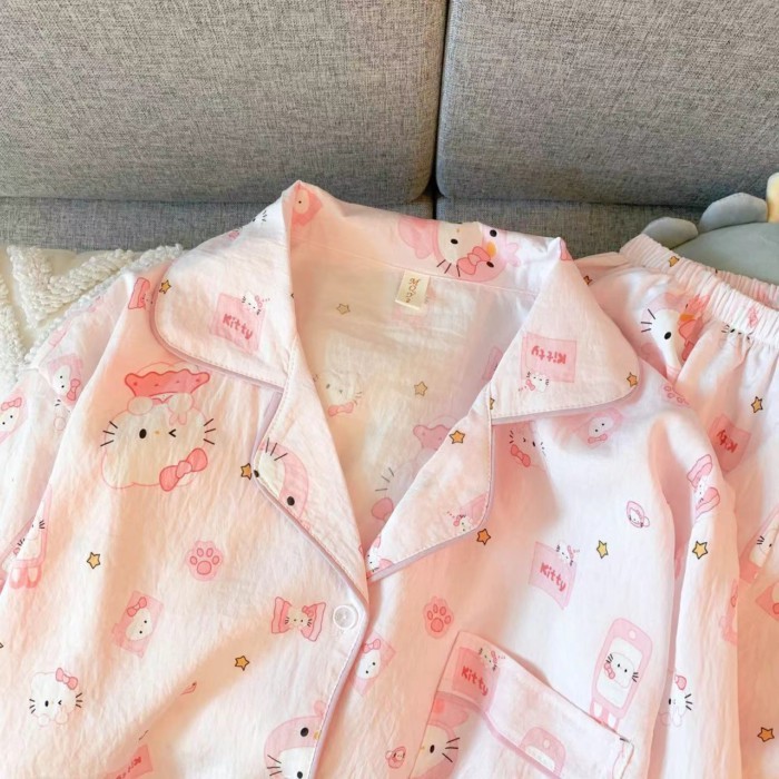 Bộ đồ ngủ mèo KT dành cho trẻ em quần dài tay cotton hình đám mây cho trẻ em vừa và lớn hoạt