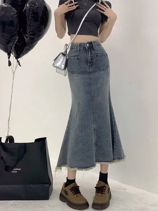 Retro Chiều Dài Trung Bình Váy Đuôi Cá Váy Denim Nữ Nguyên Edge Cao Cấp Ôm Váy Chữ A Che Hông Vá