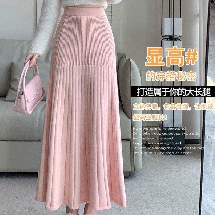 Váy Dệt Kim Xếp Ly Nữ Thu Đông Mới Co Giãn Cao Cấp Giảm Béo Rủ Chữ A Hông Đuôi Cá Dài Váy
