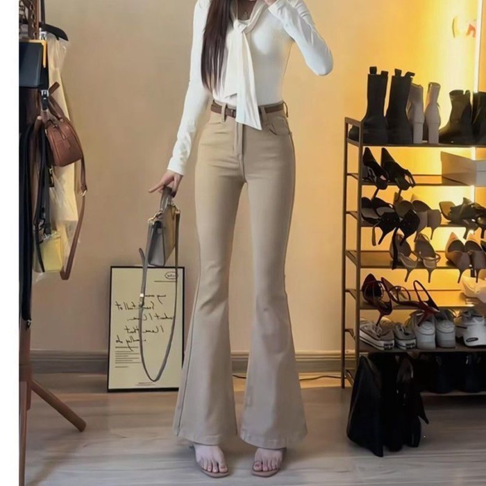 Size Lớn Kaki Retro Micro-Loe Quần Jean Nữ Thu Đông Mới Cao Cấp Chặt Thẳng Quần Móng Ngựa