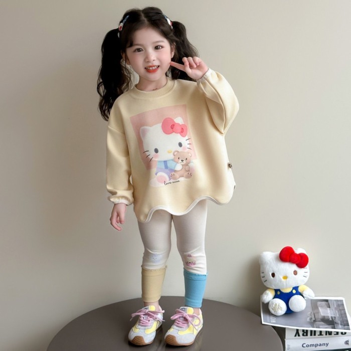 Áo nỉ bé gái mới mùa thu trẻ em hoạt hình dễ thương dài tay cổ tròn thời trang mèo Kt quần áo mùa t