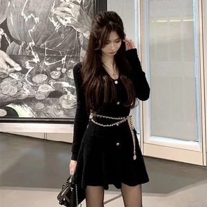 Váy dài dệt kim thơm kiểu Pháp, váy ngắn, váy giảm eo hot girl