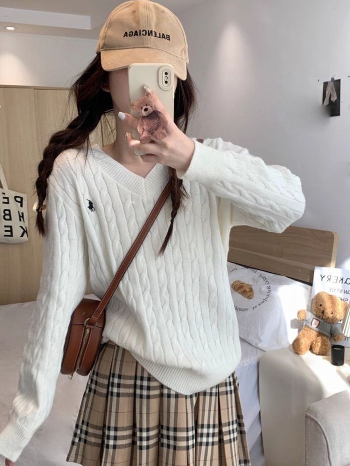 Áo len dệt kim xoắn xoắn hàng đầu mùa thu giảm béo áo len chui đầu mỏng áo len dài tay cổ chữ V