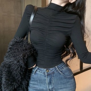 Áo sơ mi nửa cổ cao cổ dành cho nữ mùa thu đông mới niche kiểu dáng ngắn dáng ôm thiết kế xếp