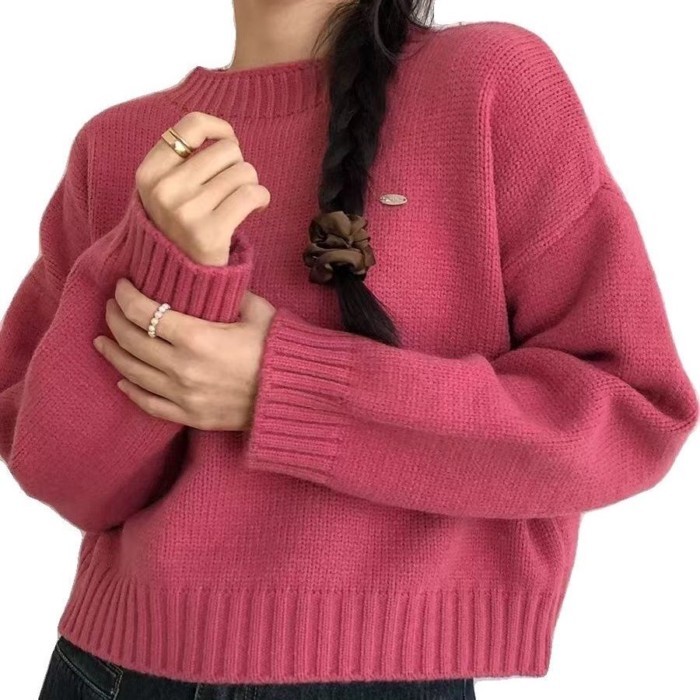 Short Sweater Knitted Autumn And Winter New Loose Outer Wear Lazy Style Knitted Sweater Round Ne